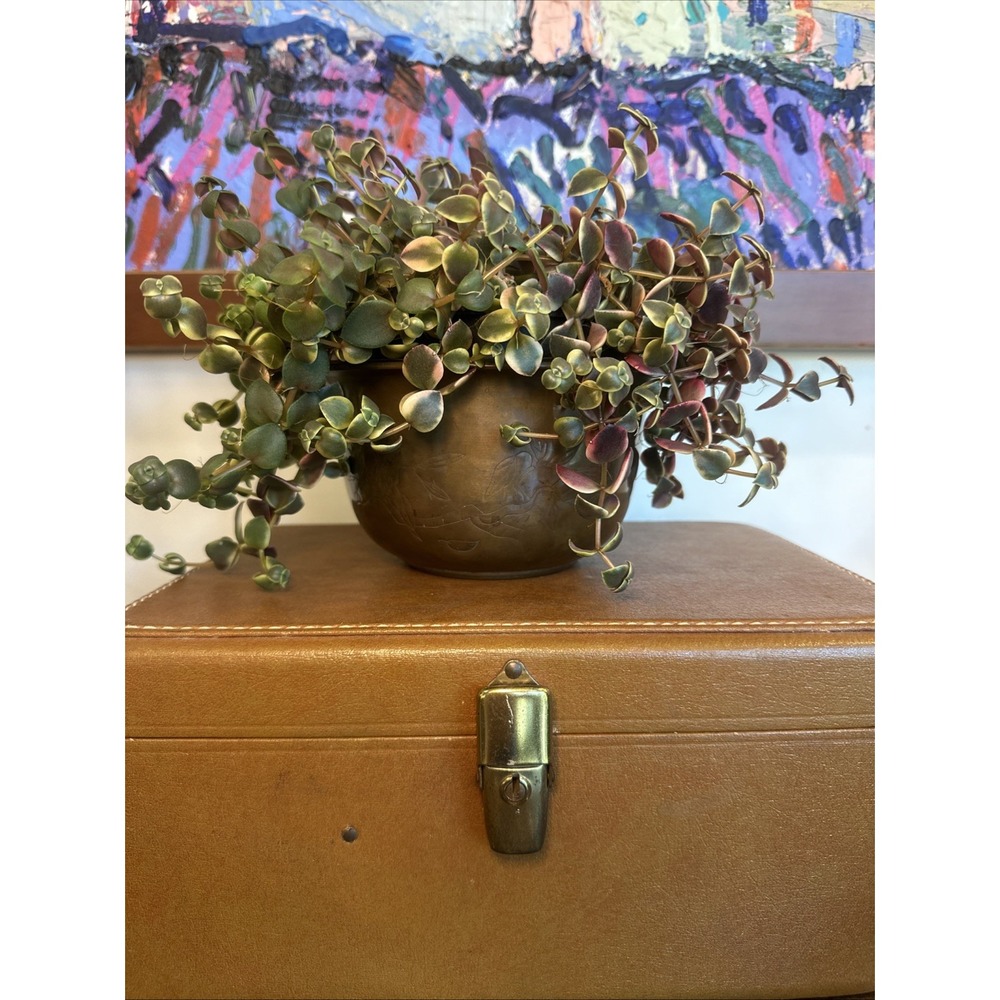Solid Brass Planter Vintage Etched Leaf Design Hong Kong Mid Century Decor